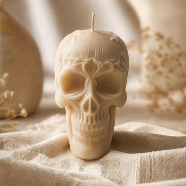 A cream-colored skull-shaped candle with a single wick, standing upright on draped beige fabric with soft, blurred decorative elements in the background. Skull Soy Wax Candle – Gothic Halloween Decor