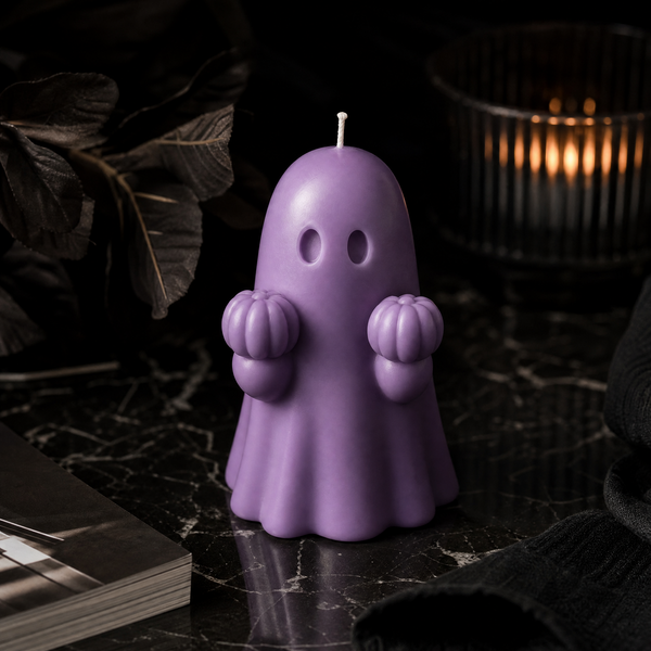 Cute spooky ghost candle for fall shelf styling