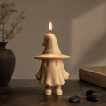 Handmade ghost candle with oversized witch hat