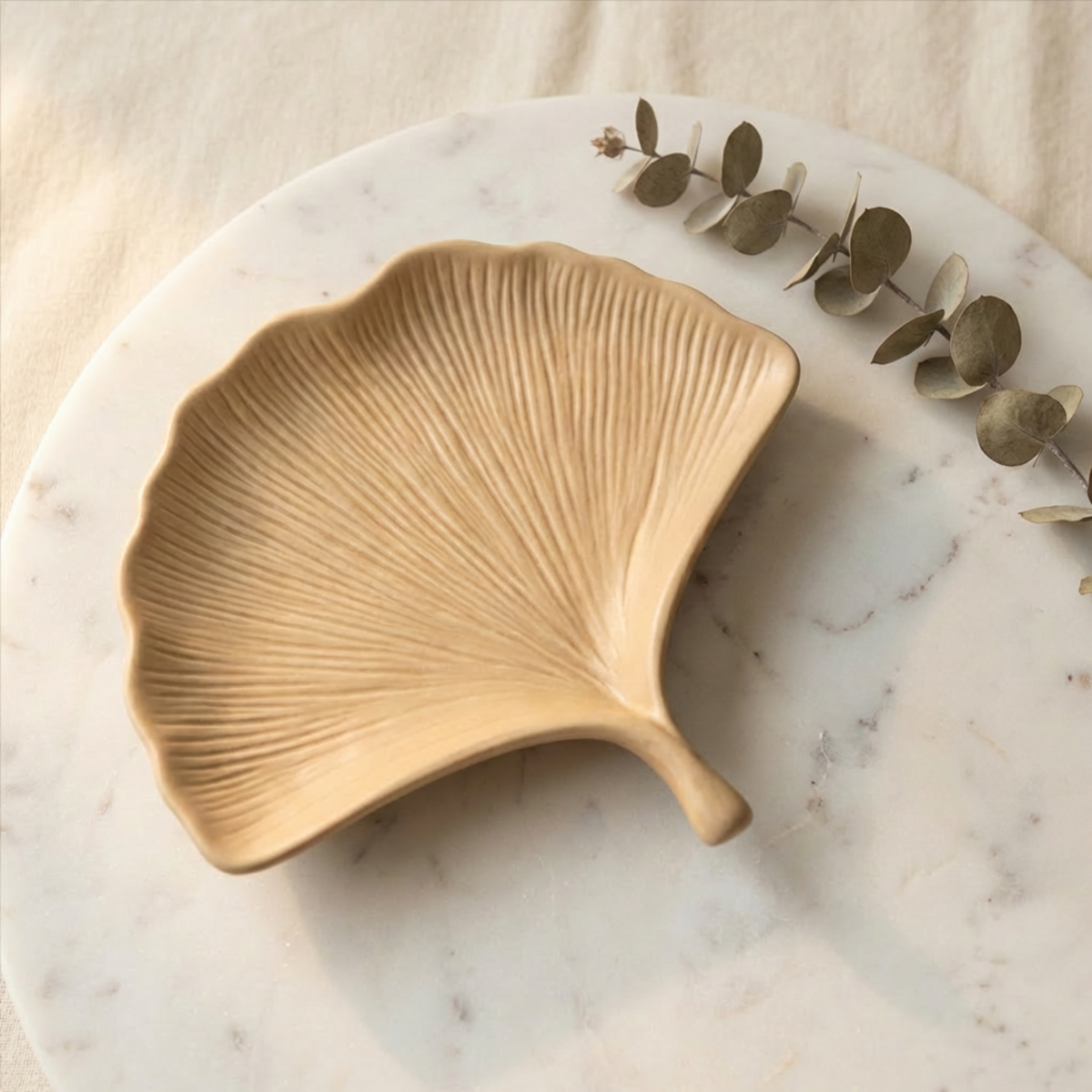 Ginkgo Leaf Tray: Hydro-Stone Ring Trinket Dish -Ceramic Resin Vanity Organizer - lit candle