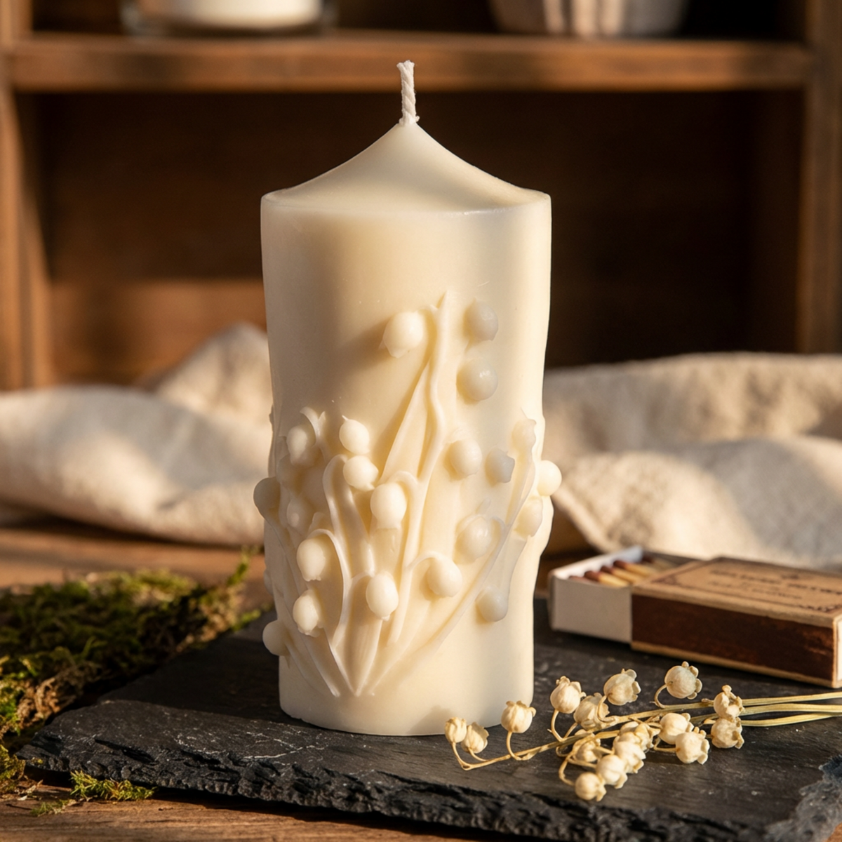 Handmade Flower Pillar Candle soy wax candle — lit candle