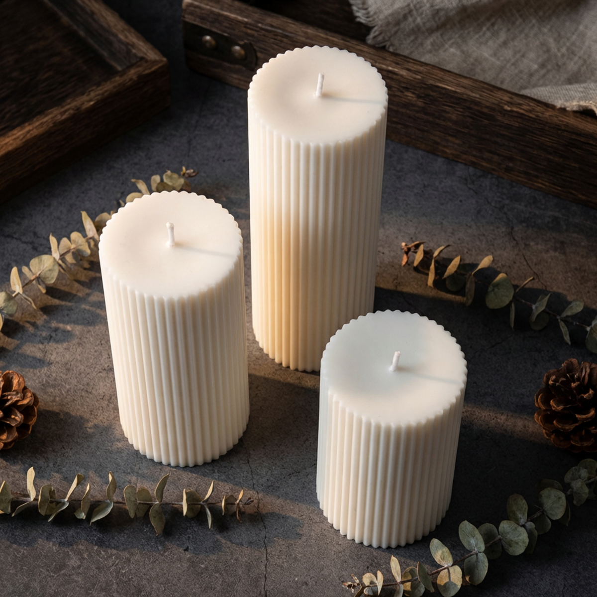 Set of 3 Textured Ribbed Pillar Candles soy wax candle — side view