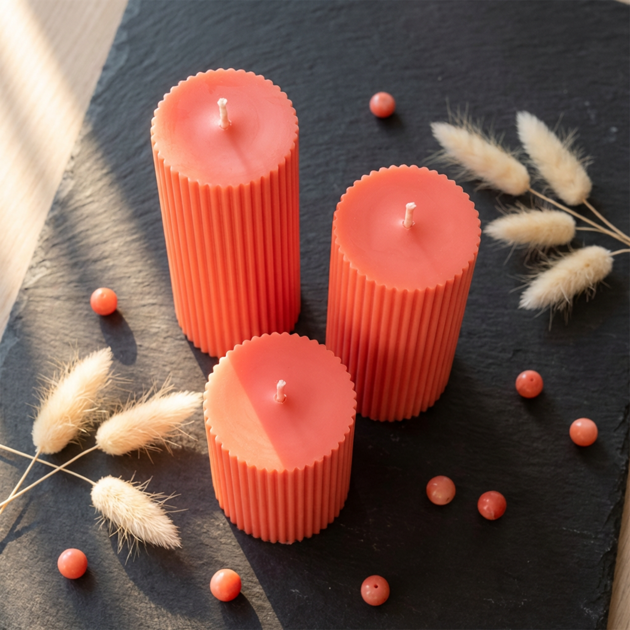 Set of 3 Textured Ribbed Pillar Candles soy wax candle — lit candle