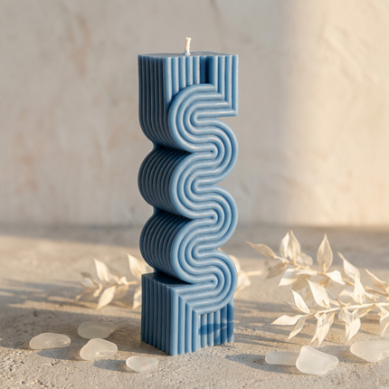 Stylish large ribbed pillar candle, a statement piece for aesthetic lovers, perfect for any space, unique home decor, and elegant wedding styling - lit candle