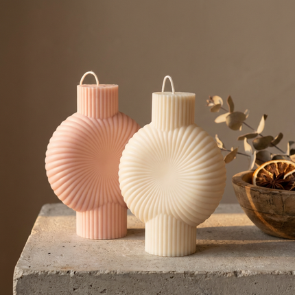 Round ribbed pillar candle with a clean cylindrical shape, modern decorative candle design, minimalist aesthetic for relaxation, essential home accent, perfect gift for mom - lit candle