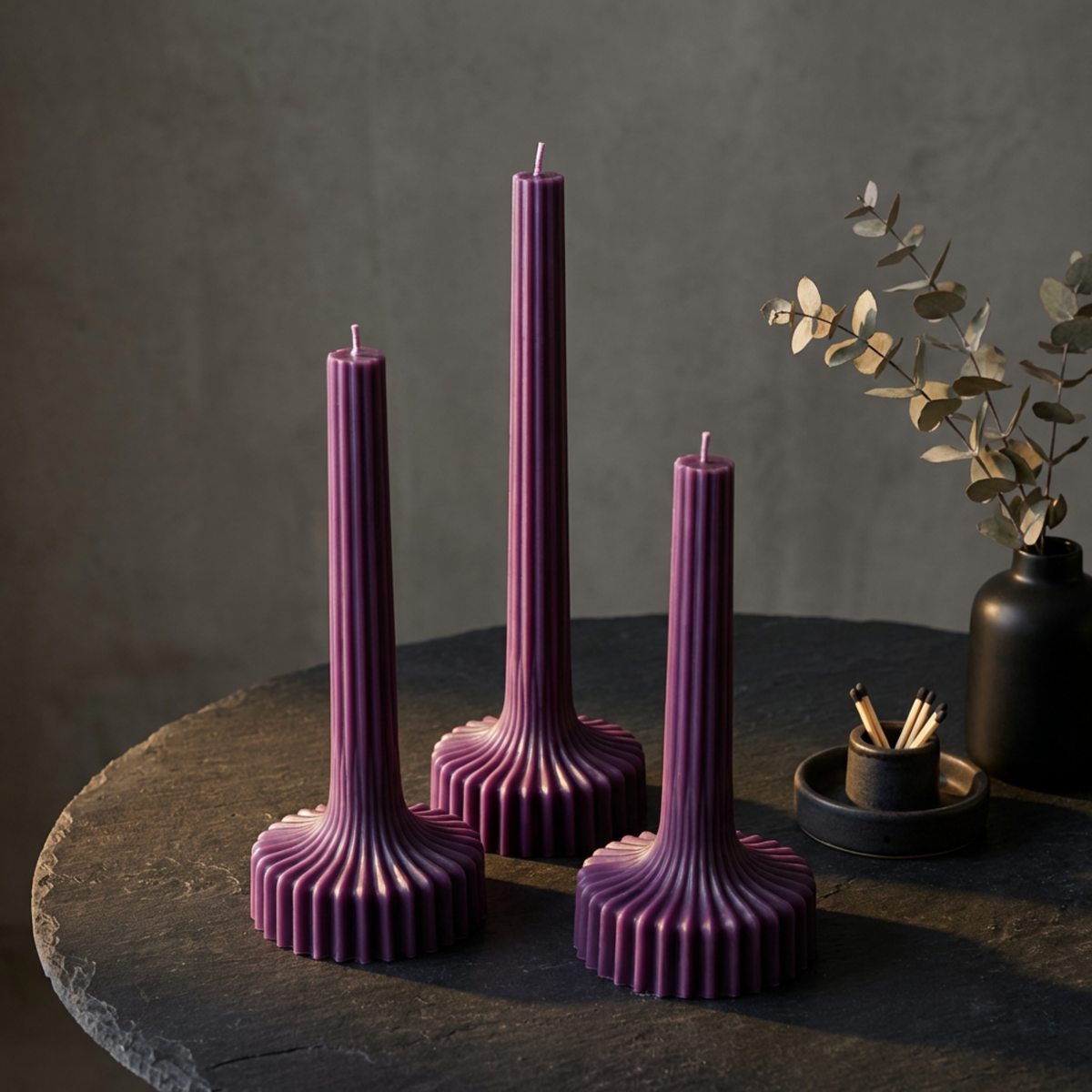 Set of 3 Large Striped Pillar Candle soy wax candle — styled display