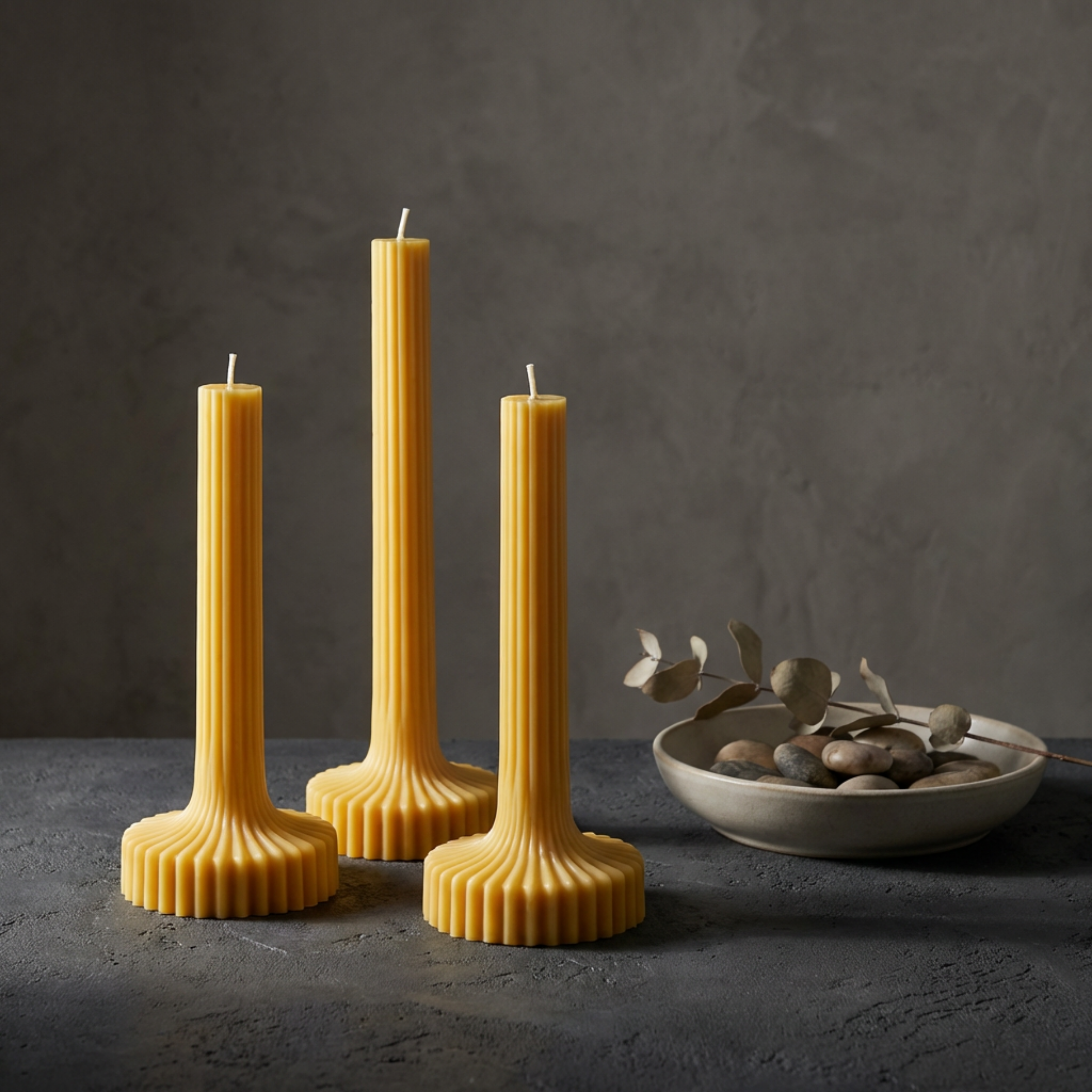 Set of 3 Large Striped Pillar Candle soy wax candle — lit candle