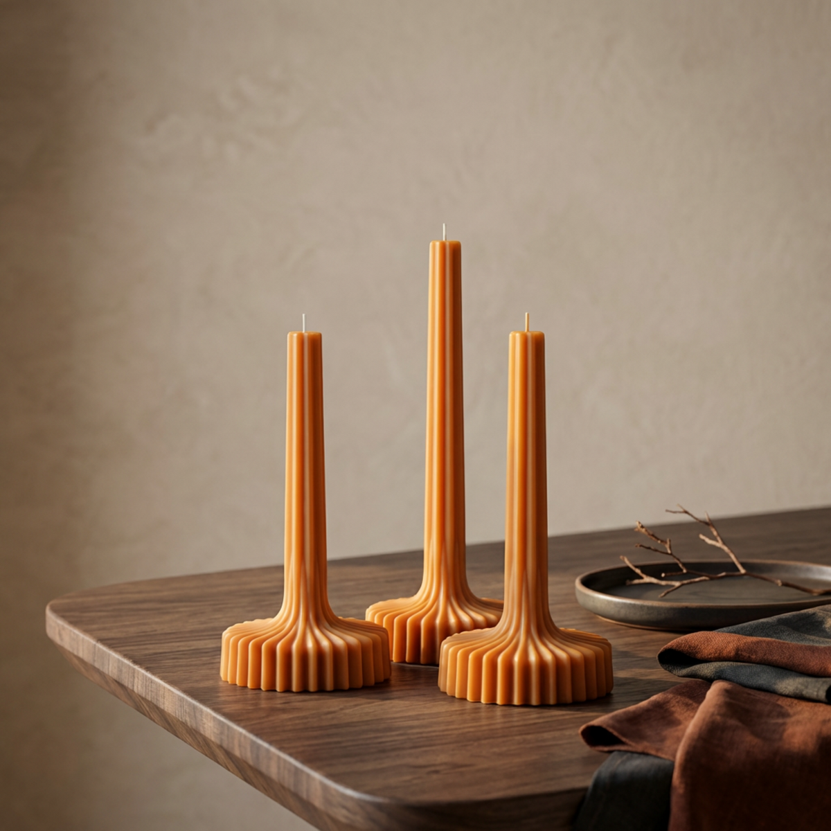 Set of 3 Large Striped Pillar Candle soy wax candle — scale view