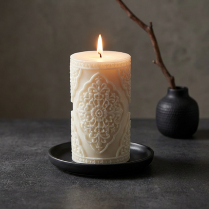 refined-vintage-lace-pillar-candle-for-elegant-home-decor-perfect-gift-idea-adds-timeless-charm-to-any-space-wedding-candle-gift-for-mom - lit candle