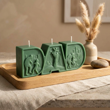 dad-letter-soy-candle-handcrafted-word-candle-thoughtful-fathers-day-gift-minimalist-home-decor-piece-meaningful-gift-for-dad - lit candle