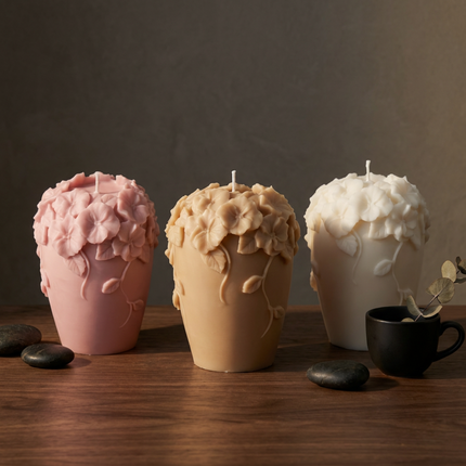 Flowers Blossom Soy Candle, Elegant Floral Embossed Pillar Candle, Calming Scented Gift for Birthdays, - lit candle