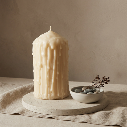 luxury-hand-drip-pillar-candle-sculptural-soy-wax-candle-modern-home-decor-elegant-drip-candle-cozy-ambiance-gift-for-her - lit candle