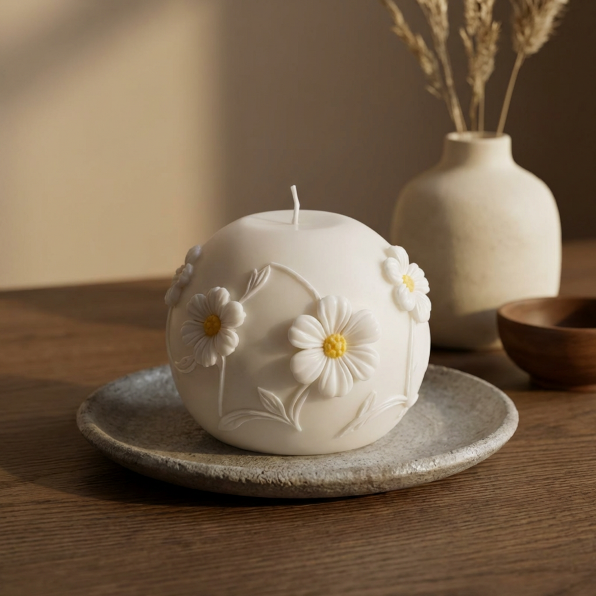 Handmade Daisy Sphere Soy Candle – Sculptural Floral Candle