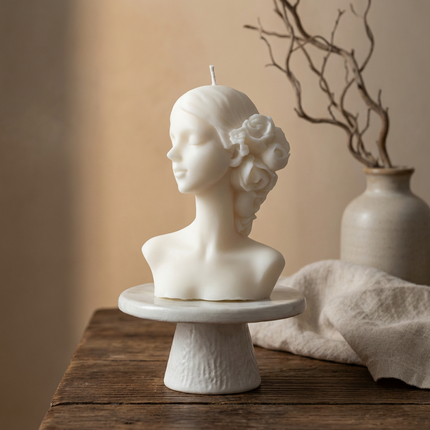 lady-with-flowers-candle-handmade-soy-wax-sculpture-feminine-floral-candle-art-unique-gift-for-her-romantic-elegant-home-decor - lit candle