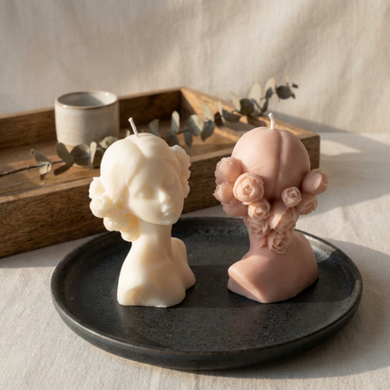 lady-with-flowers-candle-handmade-soy-wax-sculpture-feminine-floral-candle-art-unique-gift-for-her-romantic-elegant-home-decor - lit candle