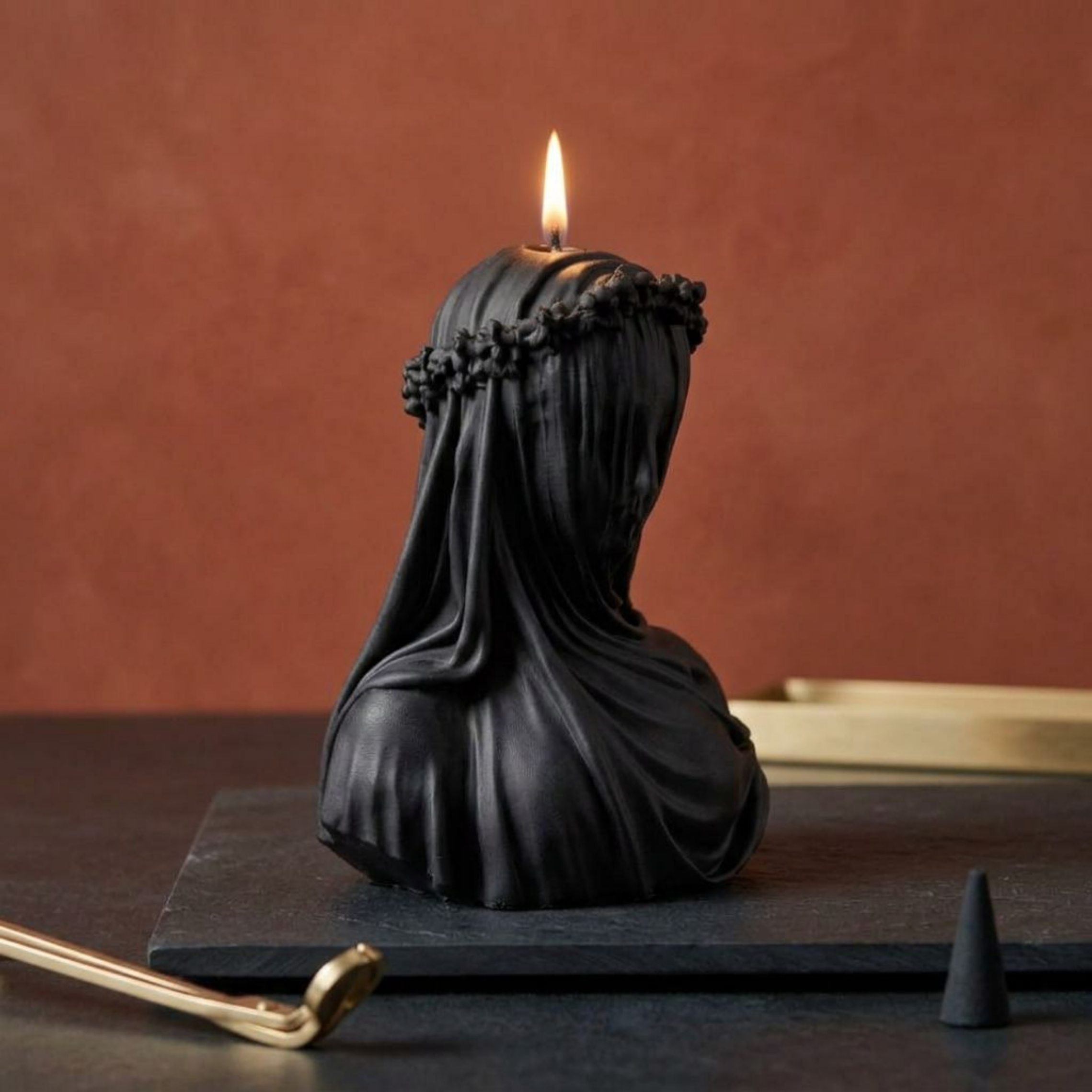 Black Gothic Veiled Woman Soy Wax Candle — Sculptural Halloween Decor, Dark Aesthetic & Altar Candle