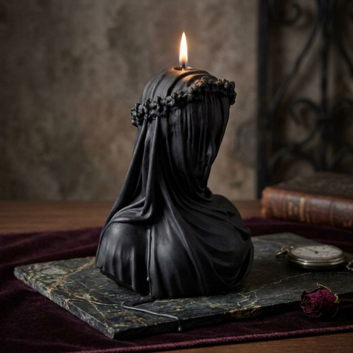 Black Gothic Veiled Woman Soy Wax Candle — Sculptural Halloween Decor, Dark Aesthetic & Altar Candle