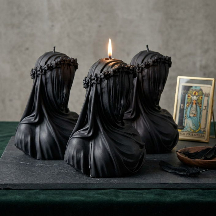 Black Gothic Veiled Woman Soy Wax Candle — Sculptural Halloween Decor, Dark Aesthetic & Altar Candle