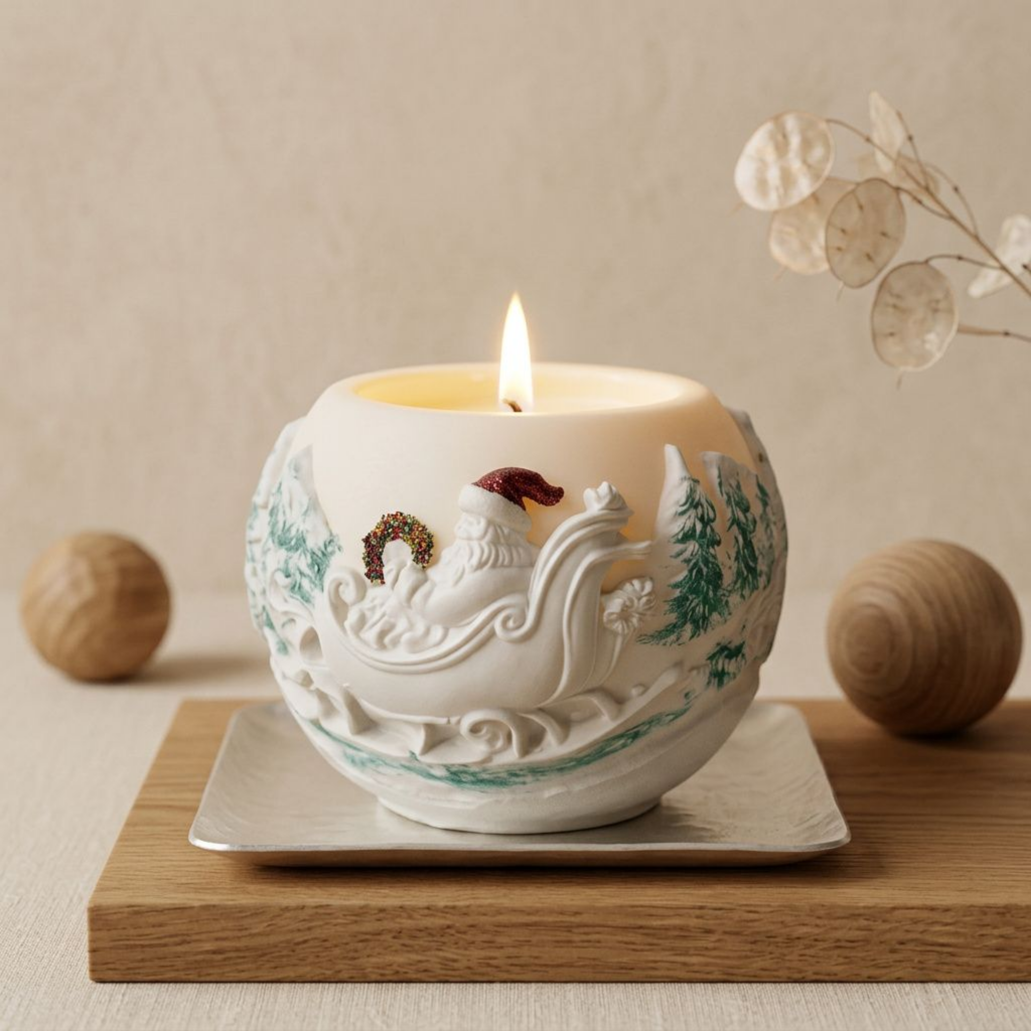 Santa Sleigh Soy Wax Candle Jar — Eco Resin Sculptural Christmas Decor, Hand-Painted Option