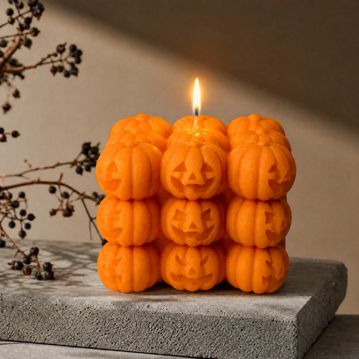 Jack O Lantern Soy Wax Candle in Pumpkin Cube Shape