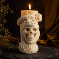 Ivory skull candle with rose details for gothic decor