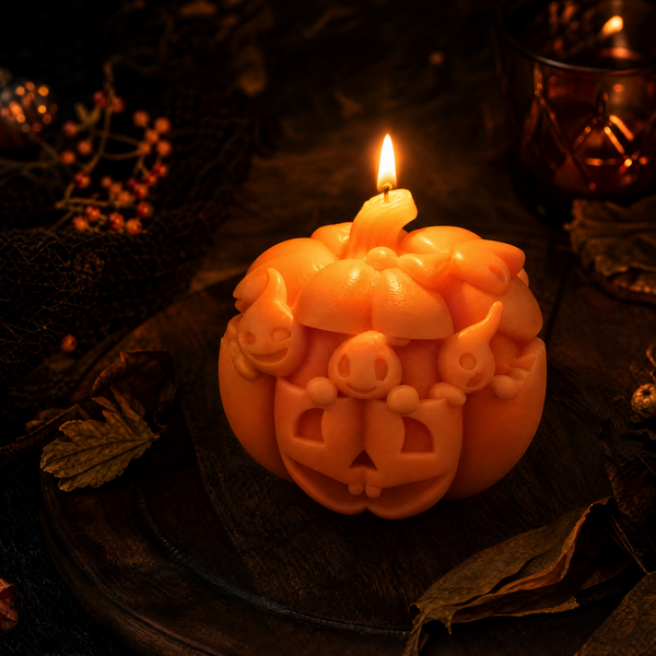 An orange carved candle shaped like a pumpkin with a jack-o'-lantern face and whimsical side details, lit with a small flame on a dark, moody tabletop with dried leaves and black fabric. candle by Votive candle co