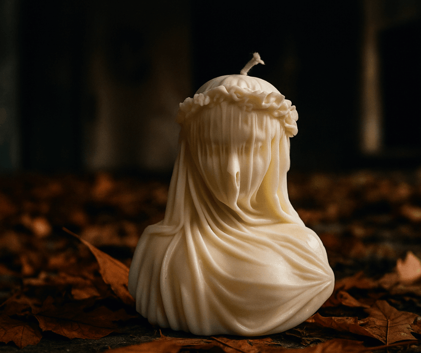 Artisan sculptural soy wax candle in gothic veiled woman shape, black, white Halloween home styling