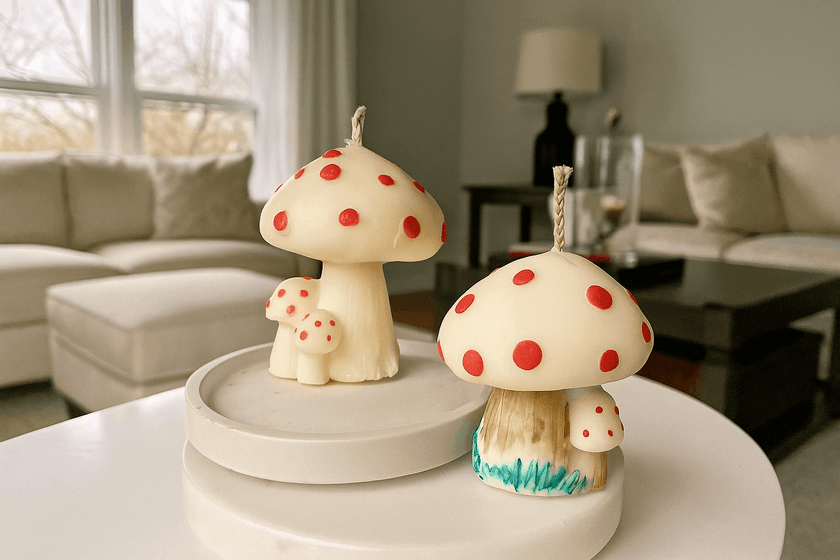 Vegan sculptural candle shaped like a red-spotted mushroom, ideal for cottagecore or fairycore decor.