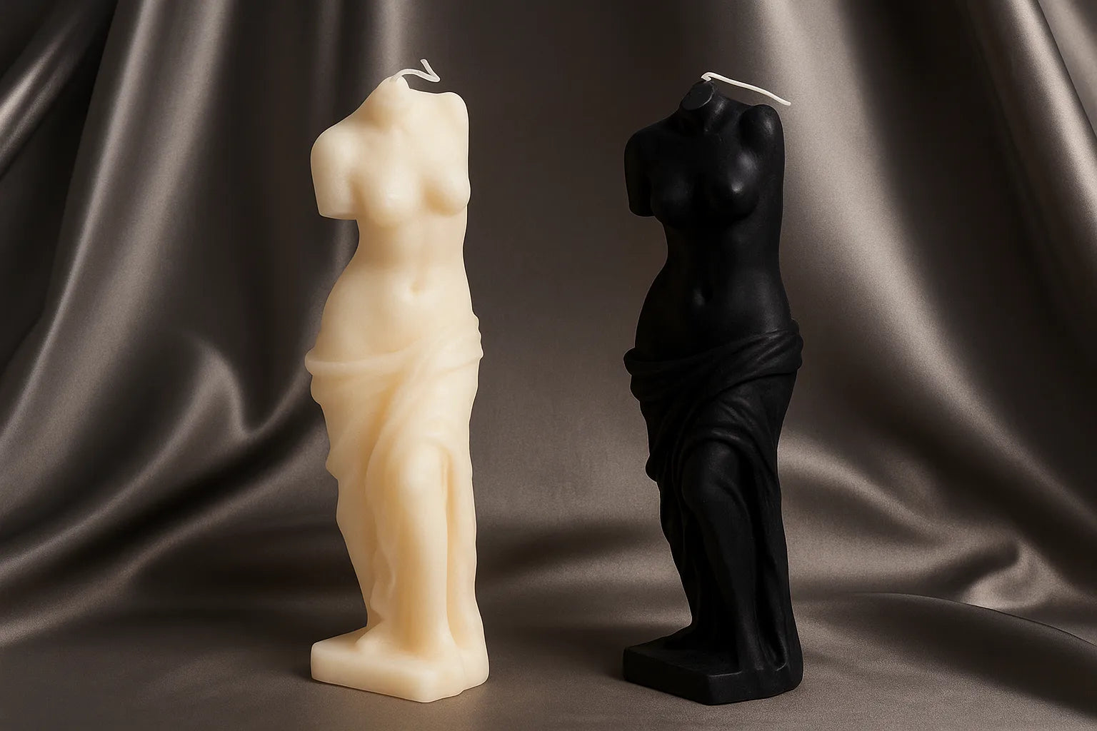 Two candle sculptures shaped like human figures on a draped fabric background