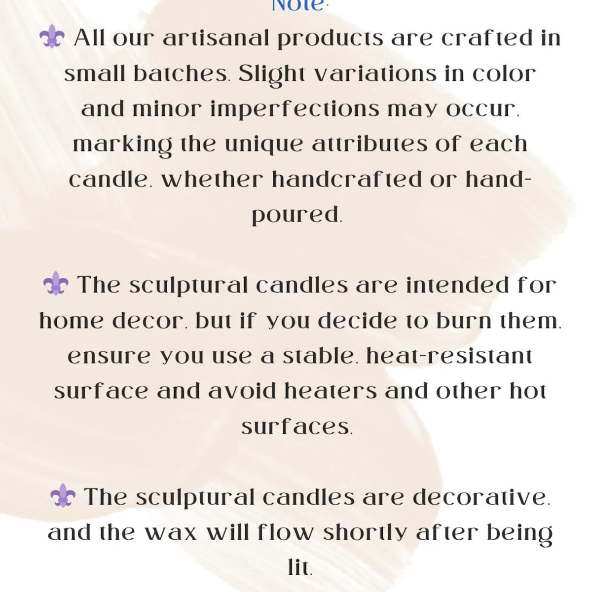 Text describing artisinal products, candles, and usage instructions on a white background.