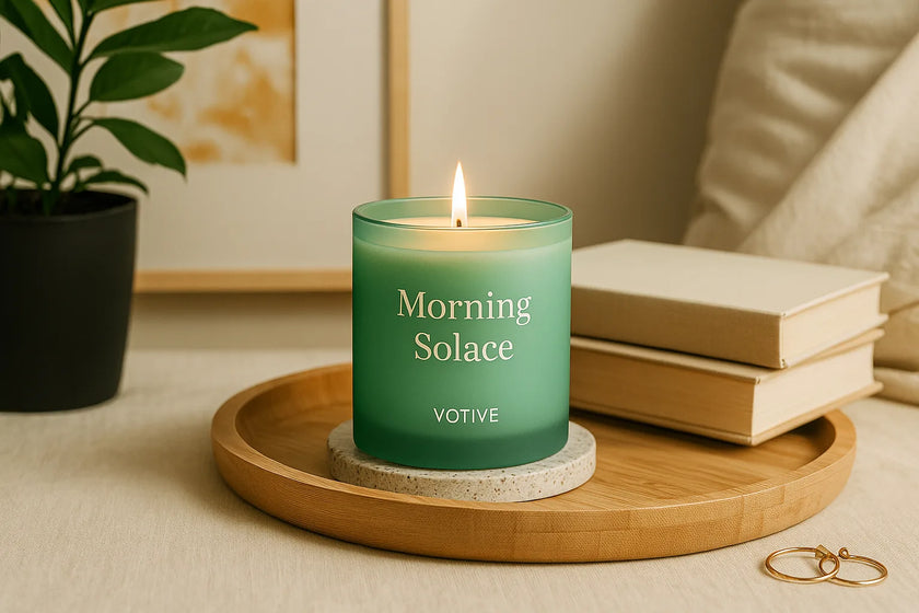 Citrus aromatherapy soy candle in frosted green jar—lemon, geranium, vanilla—natural soy wax candles for morning ritual.