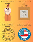 Promotional graphic for a woman-owned studio in Orlando, featuring a 'Shop Local' bag, a woman, and logos indicating handmade quality and U.S.