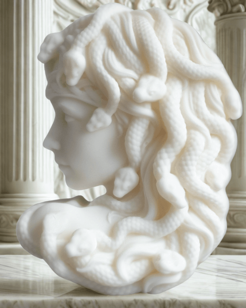 Hand-poured soy wax Medusa candle sculpture – white decorative bust candle with snake hair, Greco-Roman inspired design, perfect for artistic home décor.
