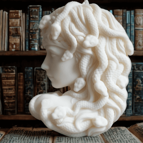 Minimalist Medusa bust candle in white soy wax – luxury handmade sculptural candle for aesthetic interiors, mythology-inspired home fragrance piece.