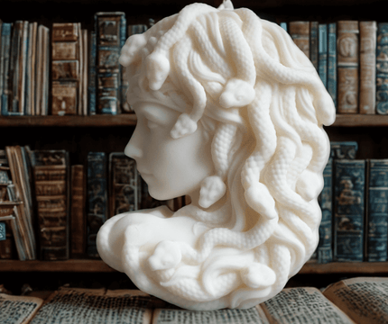 Minimalist Medusa bust candle in white soy wax – luxury handmade sculptural candle for aesthetic interiors, mythology-inspired home fragrance piece.