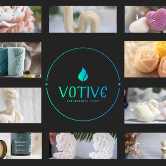 Collage of various candles and scented products with Votive logo in the center.