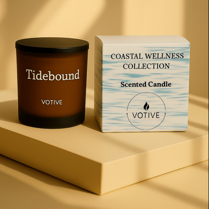 Votive candle named 'Tidebound' from the Coastal Wellness Collection by Votive on a beige background.
