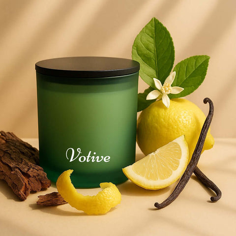 Votive citrus essential oil candle surrounded by lemon peel, vanilla bean – clean burning, non-GMO soy wax.