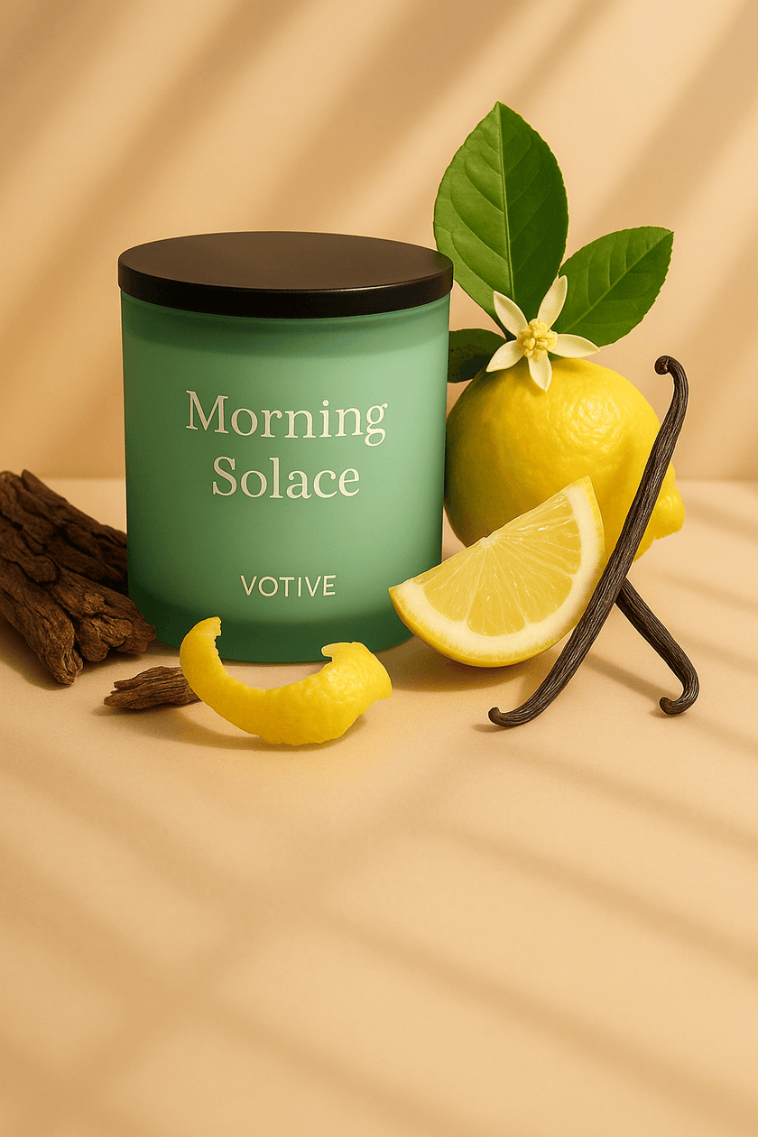 Votive citrus essential oil candle surrounded by lemon peel, vanilla bean – clean burning, non-GMO soy wax.