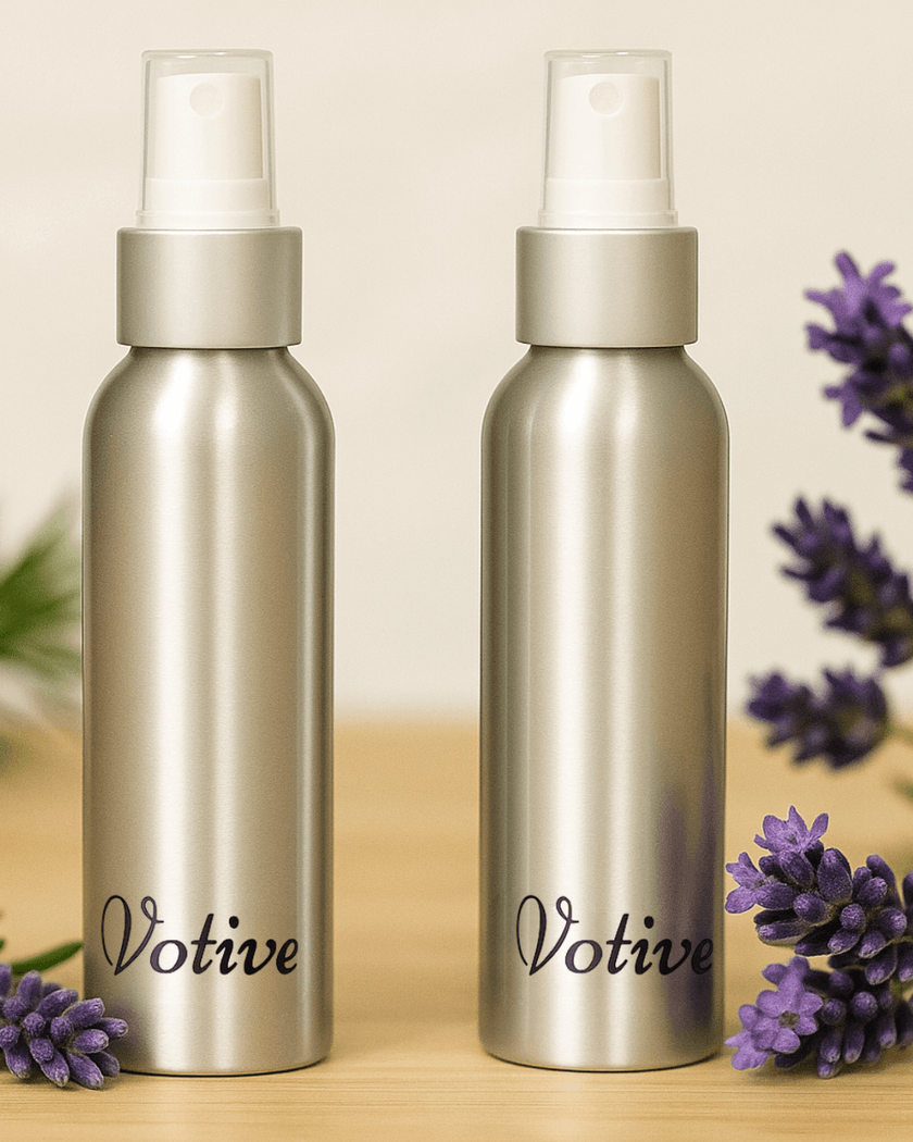 Votive natural fabric freshener spray – safe, plant-based deodorizer for clothes and furniture.