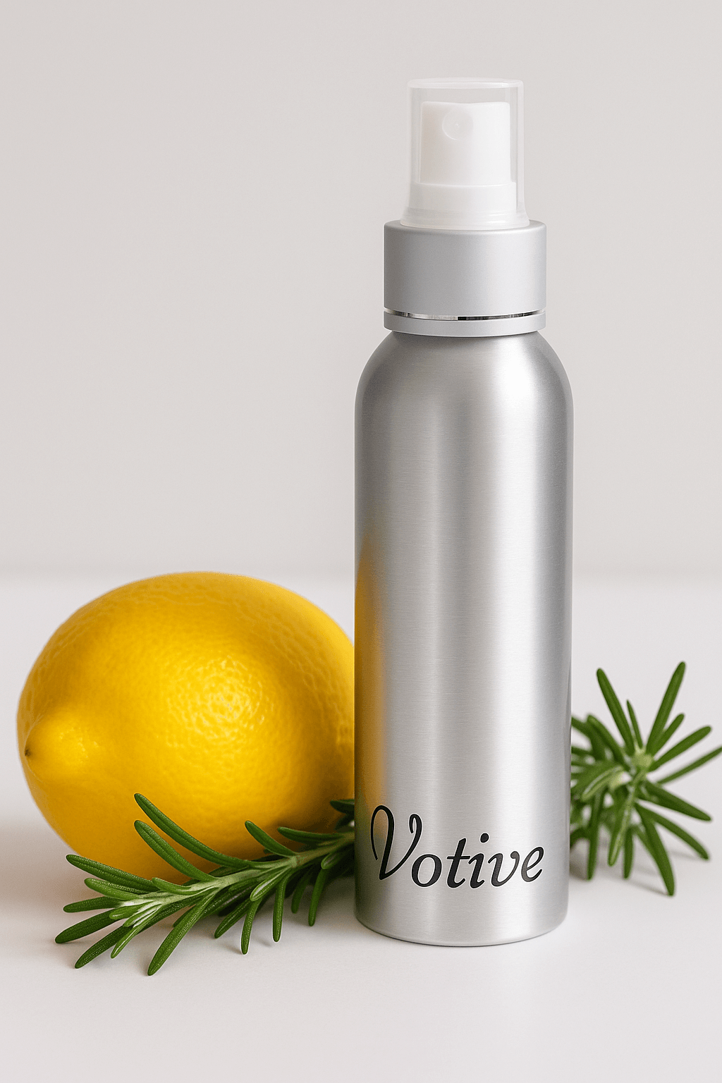 Votive® room spray with essential oils, used on a marble kitchen counter, releasing a fine mist for a fresh, non-toxic atmosphere