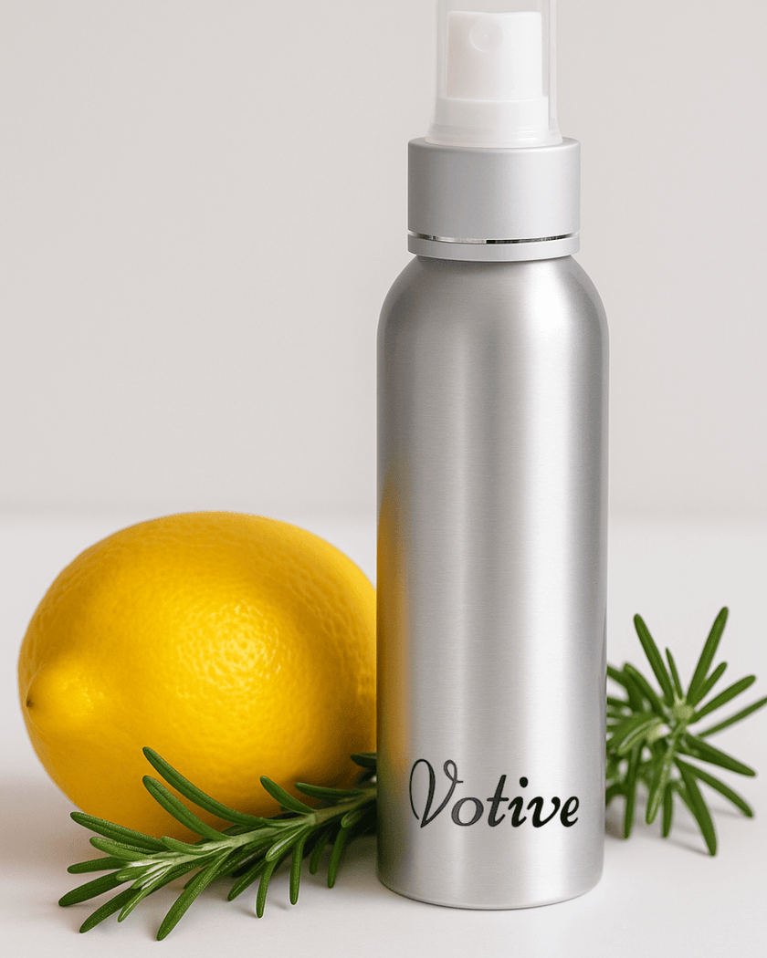 Votive room spray with essential oils, used on a marble kitchen counter, releasing a fine mist for a fresh, non-toxic atmosphere