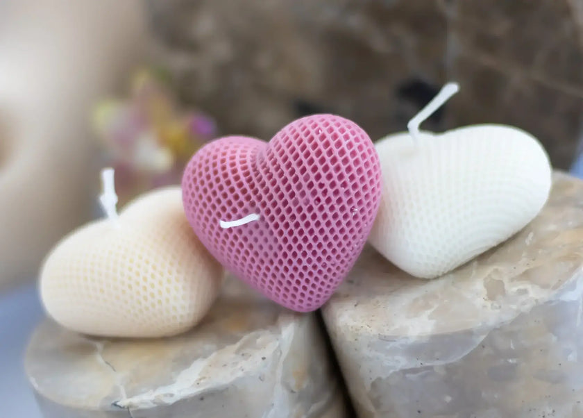 Votive sculptural heart candles in pastel colors, handmade in Florida from soy wax