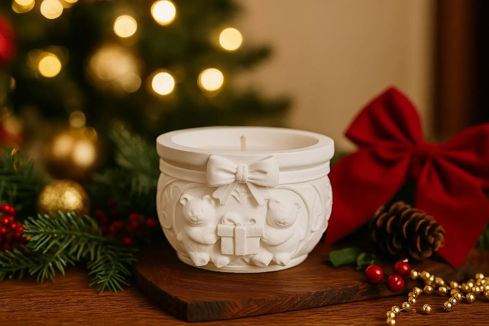 Decorative candle with festive elements on a wooden surface with a blurred Christmas tree in the background.
