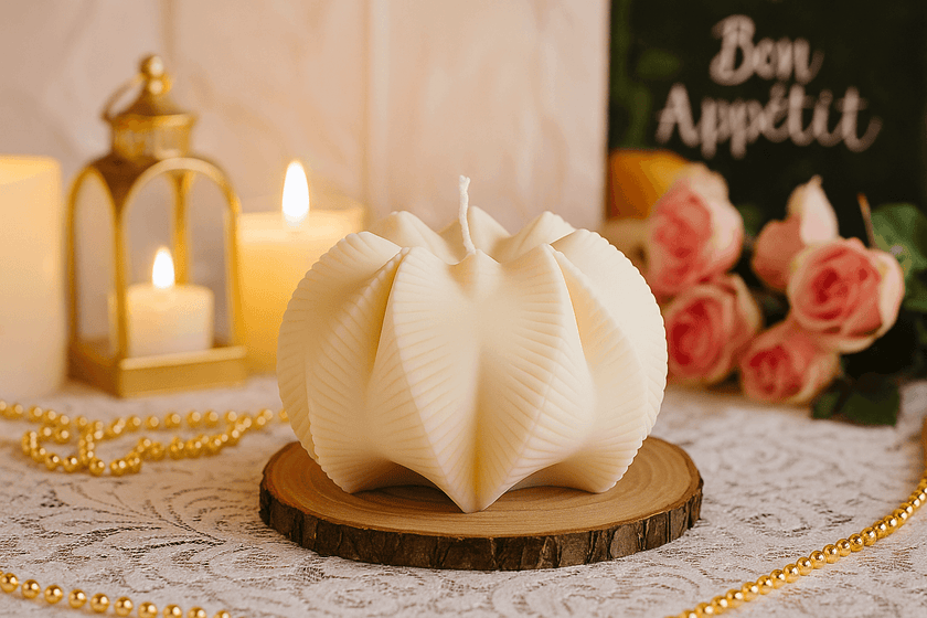 Decorative candle on a wooden base with candles and flowers in the background