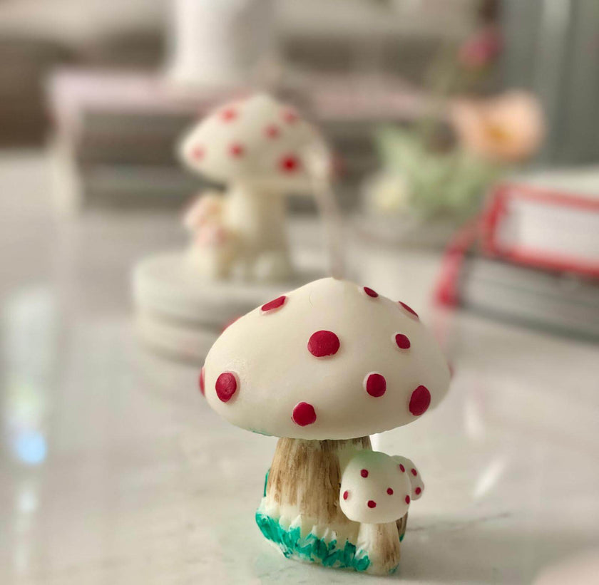 Fairycore decor setup with hand-painted mushroom candle, perfect for whimsical home styling.