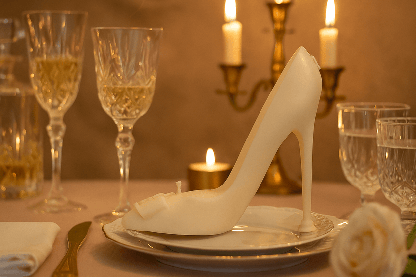 White high-heeled shoe on a plate with glasses and candles in the background