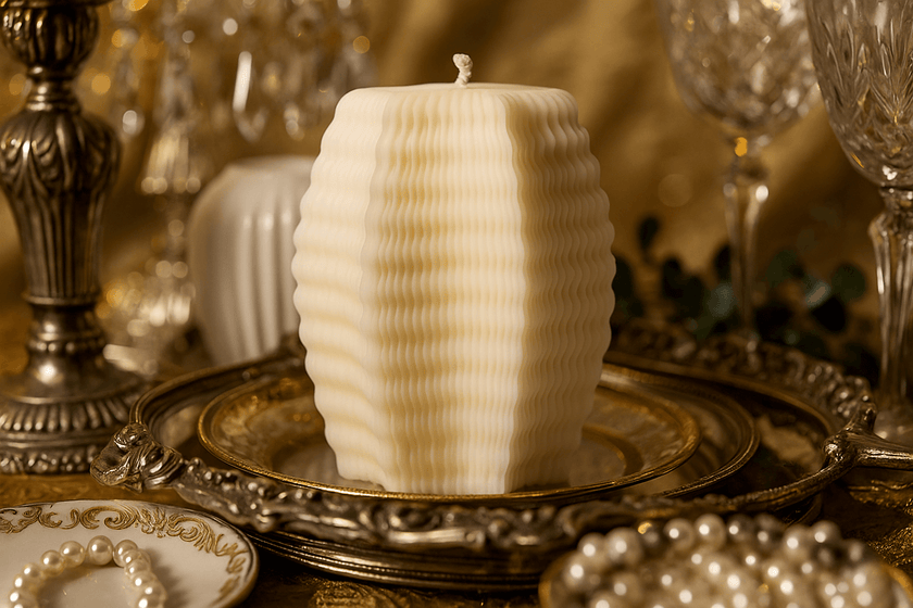 White ribbed candle on a decorative tray with glassware and pearls in the background