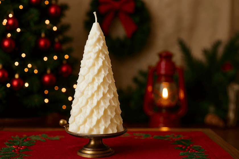 White textured Christmas tree candle on a stand with festive background