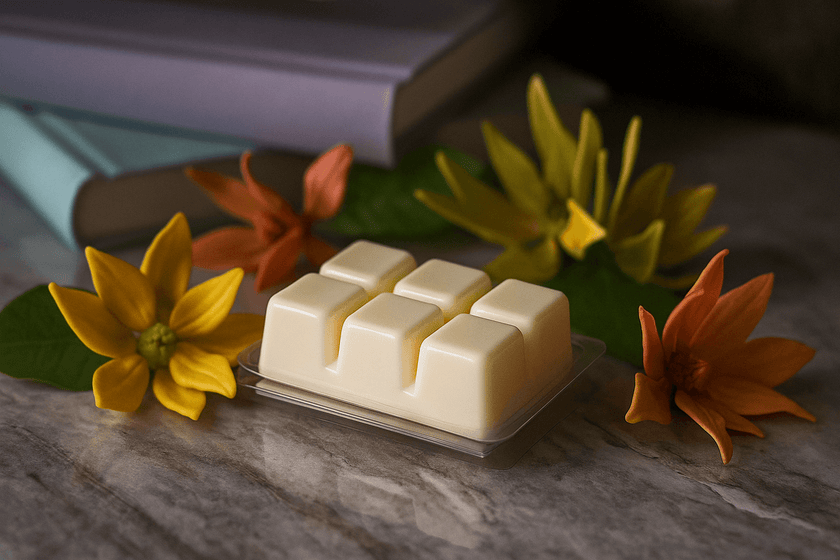 White wax melts in a clear dish with decorative flowers on a marble surface